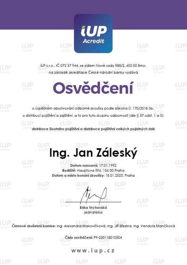 Certifikace: Pojistné produkty